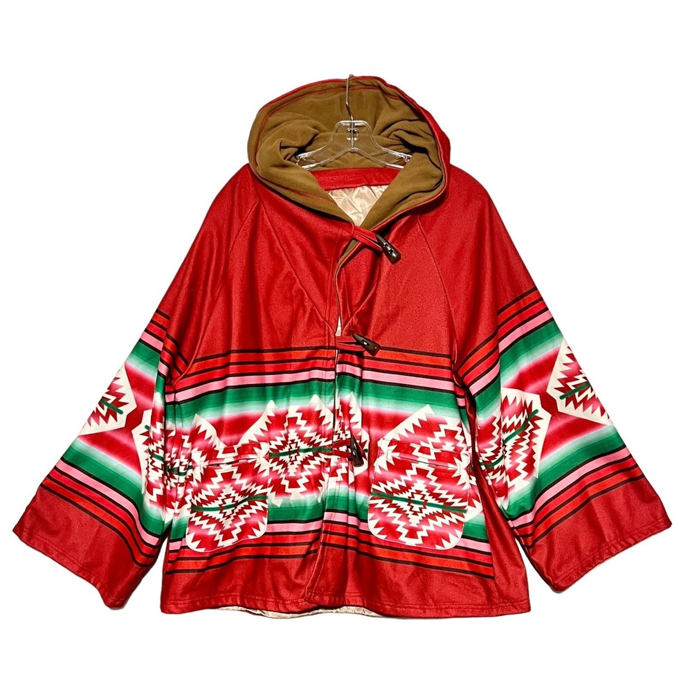 Aztec Print Ugly Christmas Jacket Toggle Closure Red Colorful Hooded Coat‎ Sz M